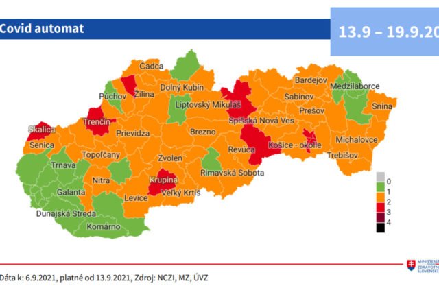 Na Slovensku pribudnú oranžové okresy a zelených zostane len 22, jeden okres bude červený už od štvrtka