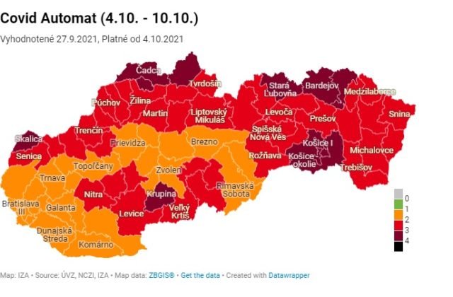 Na Slovensku pribudnú bordové okresy, oranžové ubudli a červených bude 39