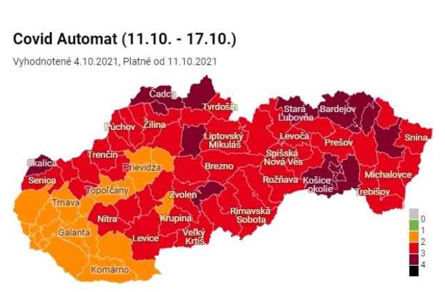 Na Slovensku od pondelka pribudnú bordové aj červené okresy, oranžových bude 21