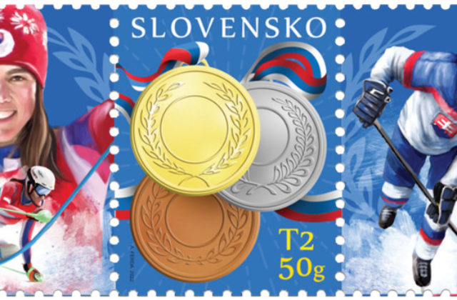 Slovenská pošta vydáva známku k úspechu olympionikov, motívom je Vlhová s hokejistom