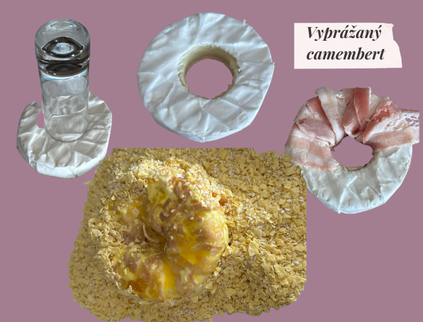 Vyprážaný camembert so slaninkou v kukuričných lupienkoch so sezamom + opekané zemiaky